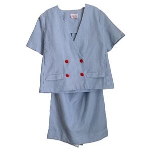 Berg-Ray Frocks Women's Skirt Set XS-Small Blue White Pinstripe Blouse Vintage